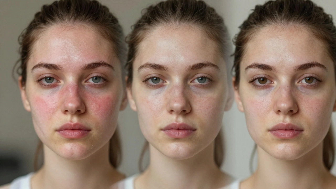 Эволюция кожи после лазера: от покраснения и шелушения к гладкой, сияющей текстуре через три месяца.