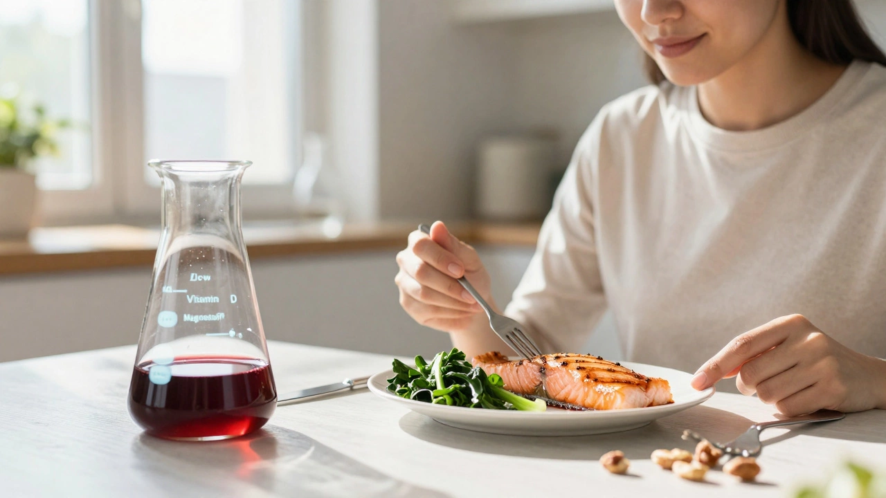 Лабораторная пробирка с анализом крови и человек за столом, едящий лосось и овощи — символ внутреннего восстановления.