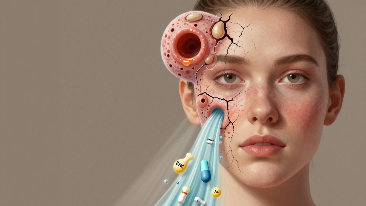 Лицо с одной стороны воспалённое, с другой — здоровое, внутри видны сальные железы и питающие молекулы, как источник исцеления.