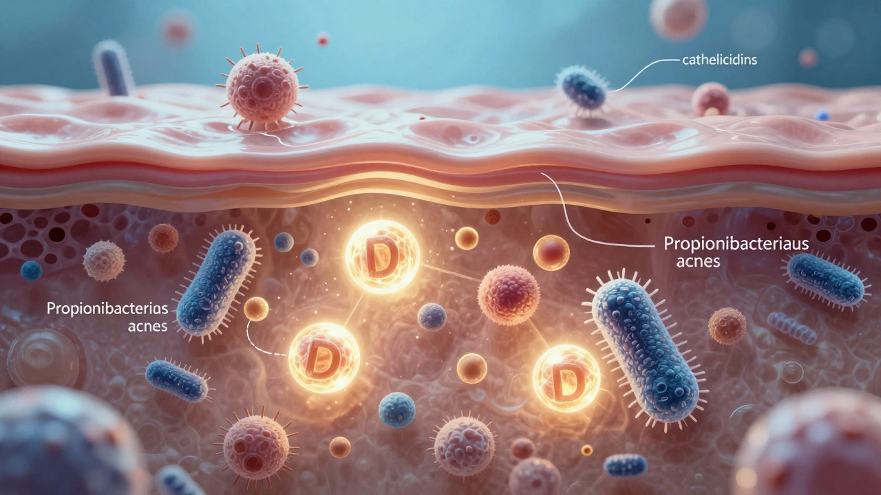 Микроскопический вид кожи: витамин Д подавляет воспаление и бактерии, вызывающие прыщи.