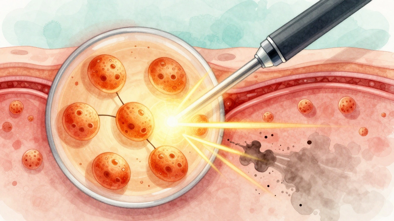 Микроскопическое изображение лазерного воздействия на меланин в коже с выведением пигмента лимфатической системой.
