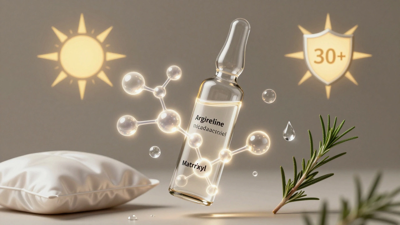 Прозрачная пробирка с молекулами керамидов, пептидов и ниацинамида, окруженная символами ухода: шелковой наволочкой, солнцезащитным щитом и каплями воды.