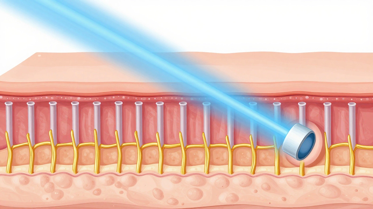 Разрез кожи: лазерный луч создает микроповреждения, стимулируя восстановление коллагена в дерме.