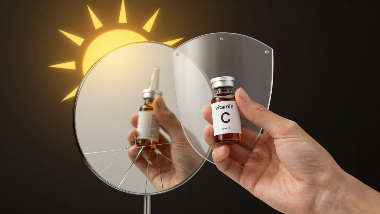 Рука держит сыворотку с витамином С, а в зеркале — едва заметные пятна, защищенные от солнечных лучей.