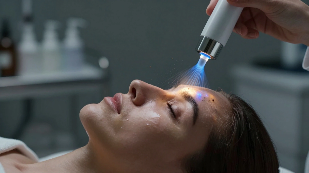 Рука наносит пилинг, а лазерные лучи разрушают избыток меланина в коже.