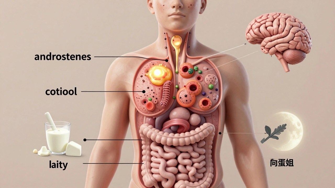 Схематичное изображение внутренних причин акне: гормоны, забитые поры, стресс и молочные продукты.