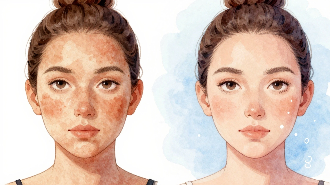 Сравнение до и после лечения пигментации на коже лица без текста.