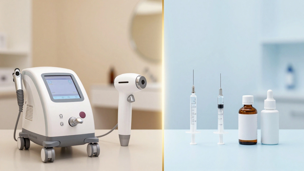 Сравнение разрешенных и запрещенных процедур для эстетиста: аппараты слева, инъекции и лазеры справа.