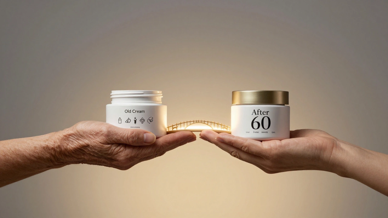 Старая и молодая руки держат два крема: один с алкоголем и отдушками, другой — с керамидами и пептидами, между ними световой мост.