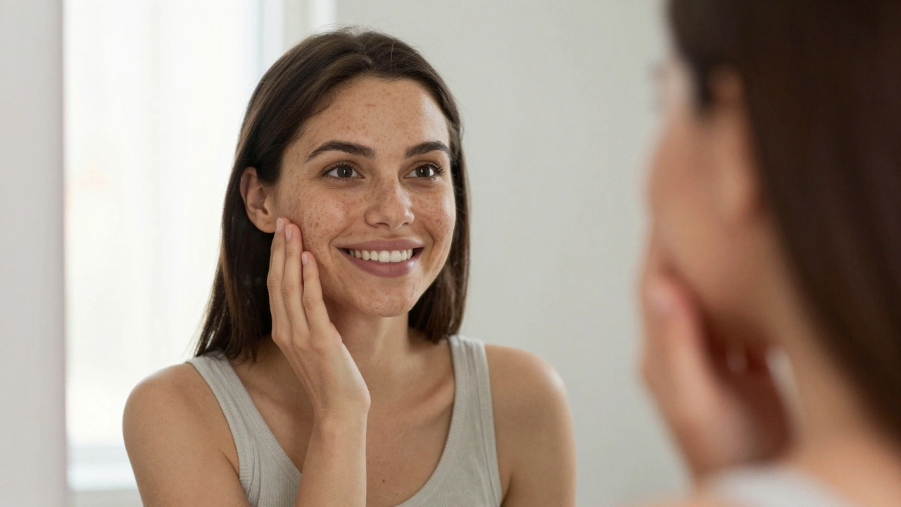 Женщина смотрит в зеркало с уверенной улыбкой, ее кожа стала равномерной после лечения пигментации.