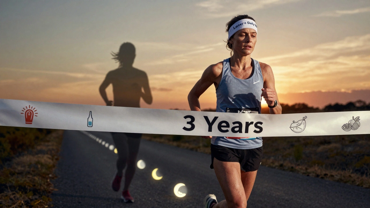 Бегунья на финише марафона '3 года омоложения' с символами ухода за кожей, позади — тень женщины без ухода.