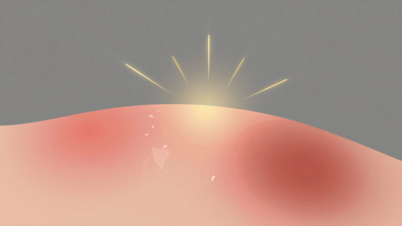 Близкий план кожи с признаками после лазерной процедуры: покраснение, шелушение и темное пятно.