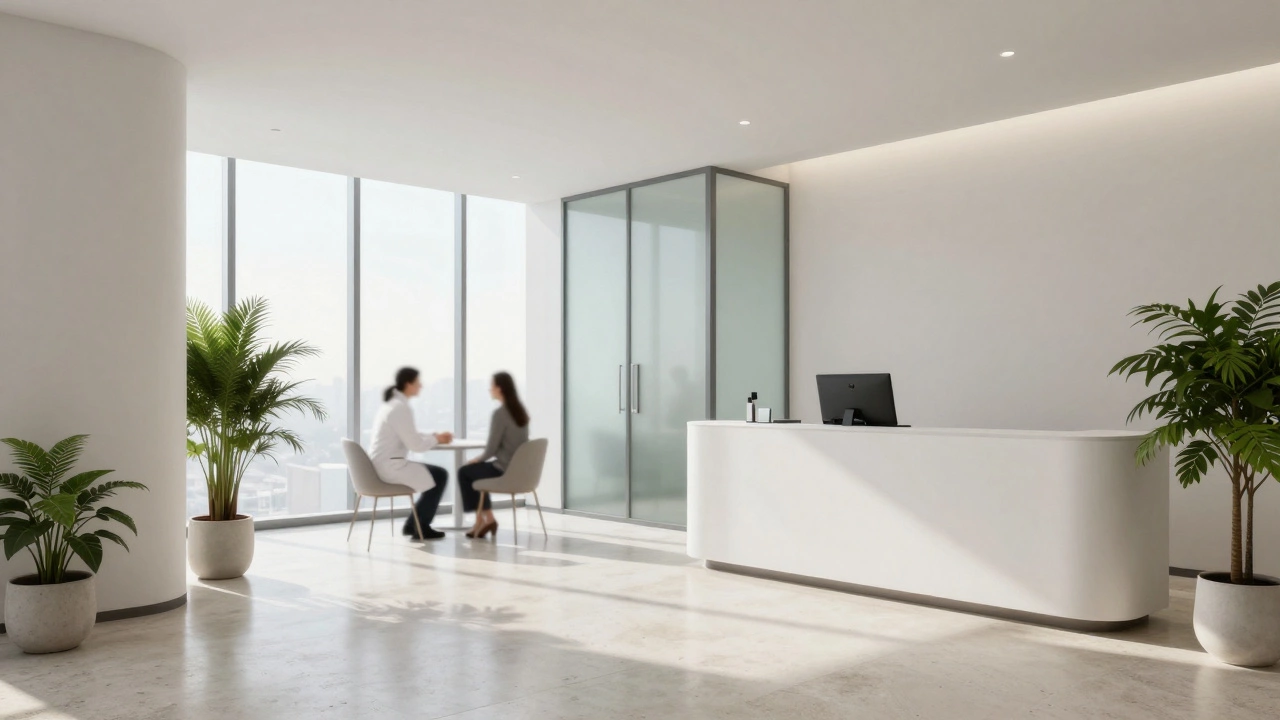 Интерьер современной клиники эстетической медицины с врачом и пациентом.