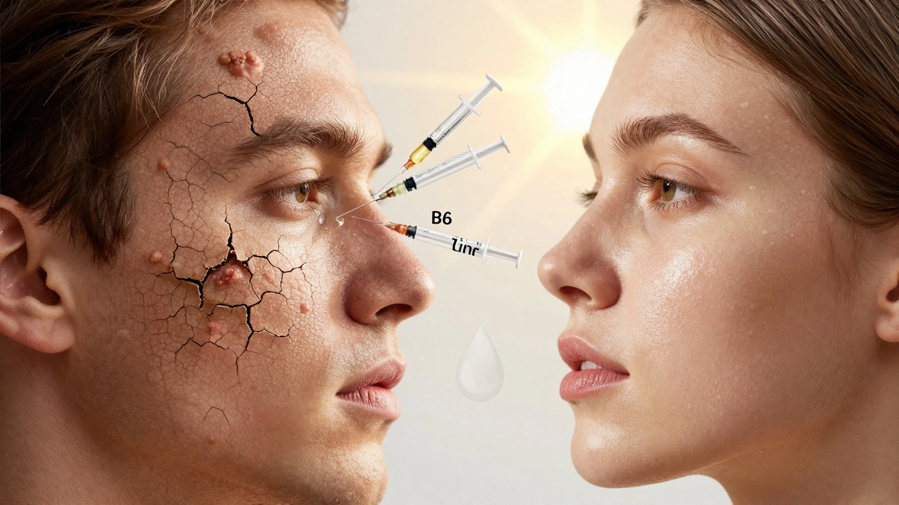 Лицо с двумя состояниями кожи: воспалённое слева и здоровое справа, между ними — инъекции витаминов и минералов.