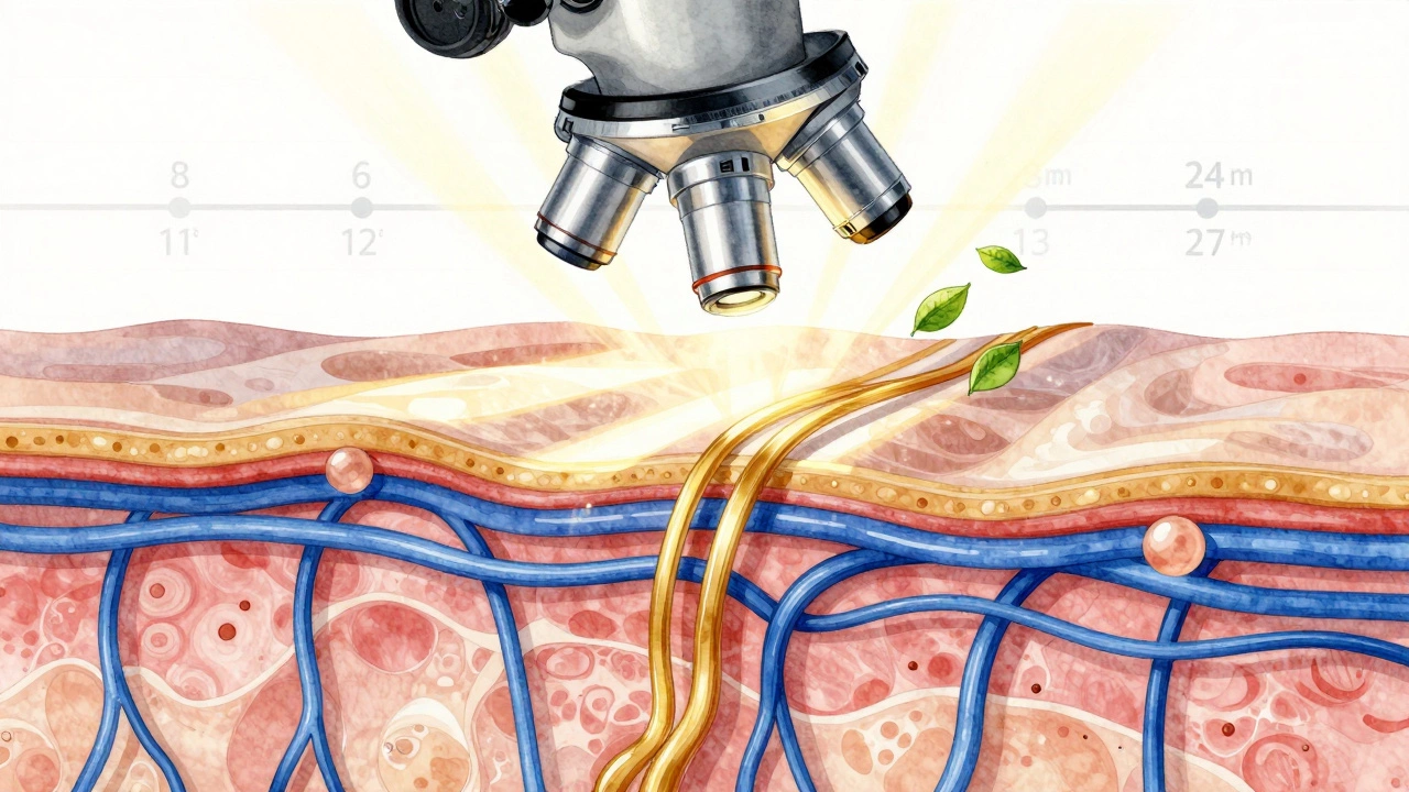 Микроскопический вид восстановления коллагеновых волокон в коже после лазерного омоложения с частицами антиоксидантов.