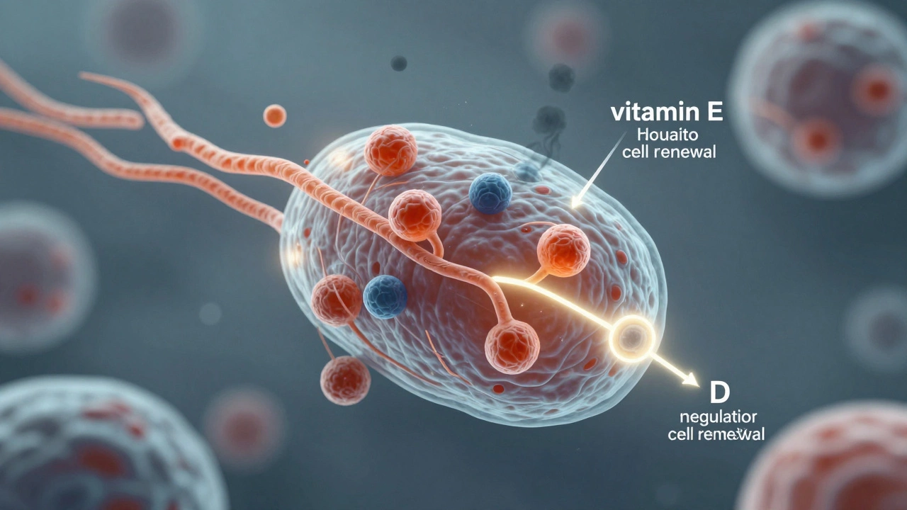 Микроскопическое изображение клетки кожи: витамин C формирует коллаген, витамин E нейтрализует свободные радикалы, витамин D стимулирует обновление.