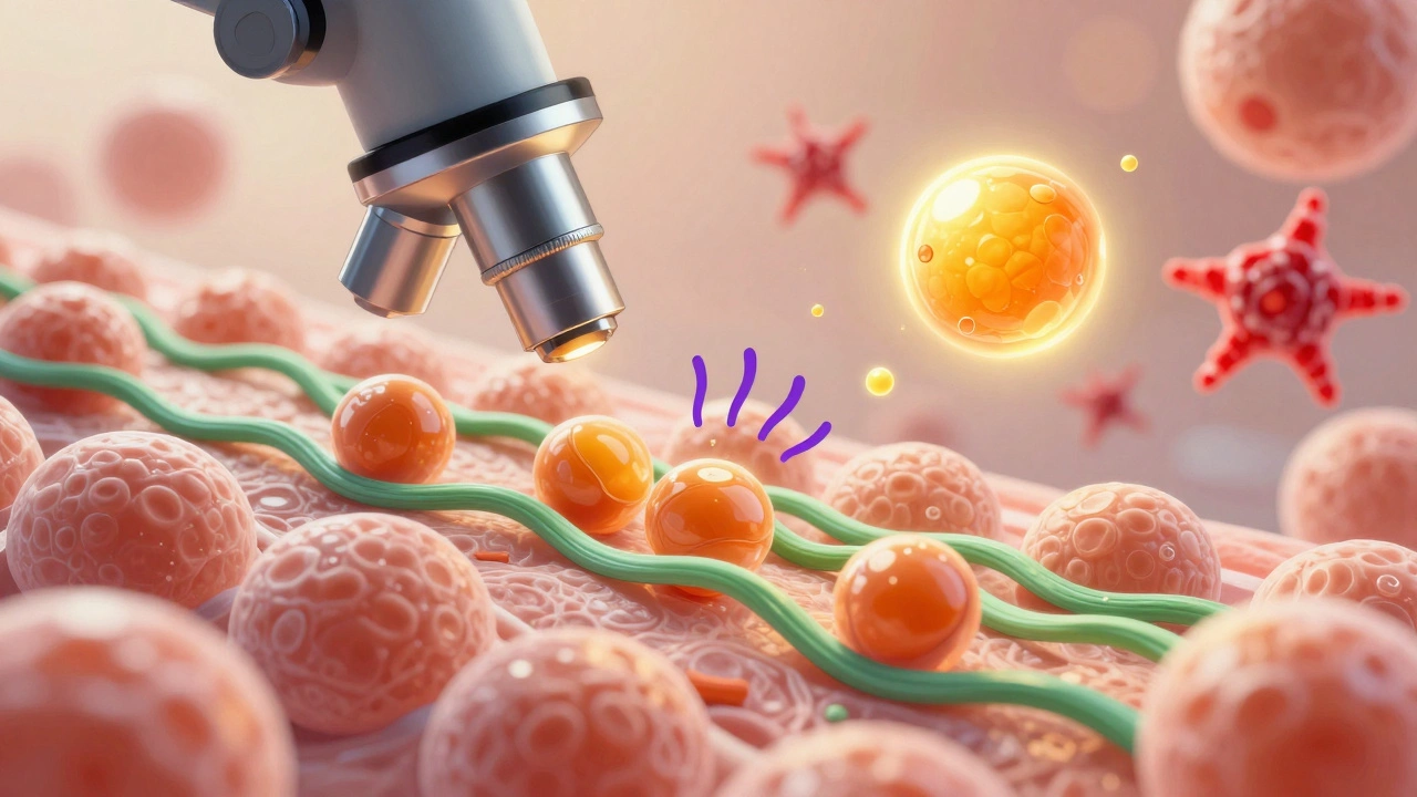 Микроскопическое изображение клеток кожи: коллаген восстанавливается под действием ретинола и пептидов, витамин С нейтрализует свободные радикалы.