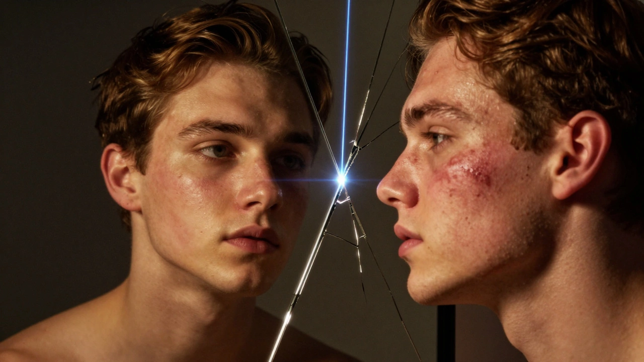 Разбитое зеркало отражает здоровую и поврежденную кожу, между ними — расходящийся лазерный луч.