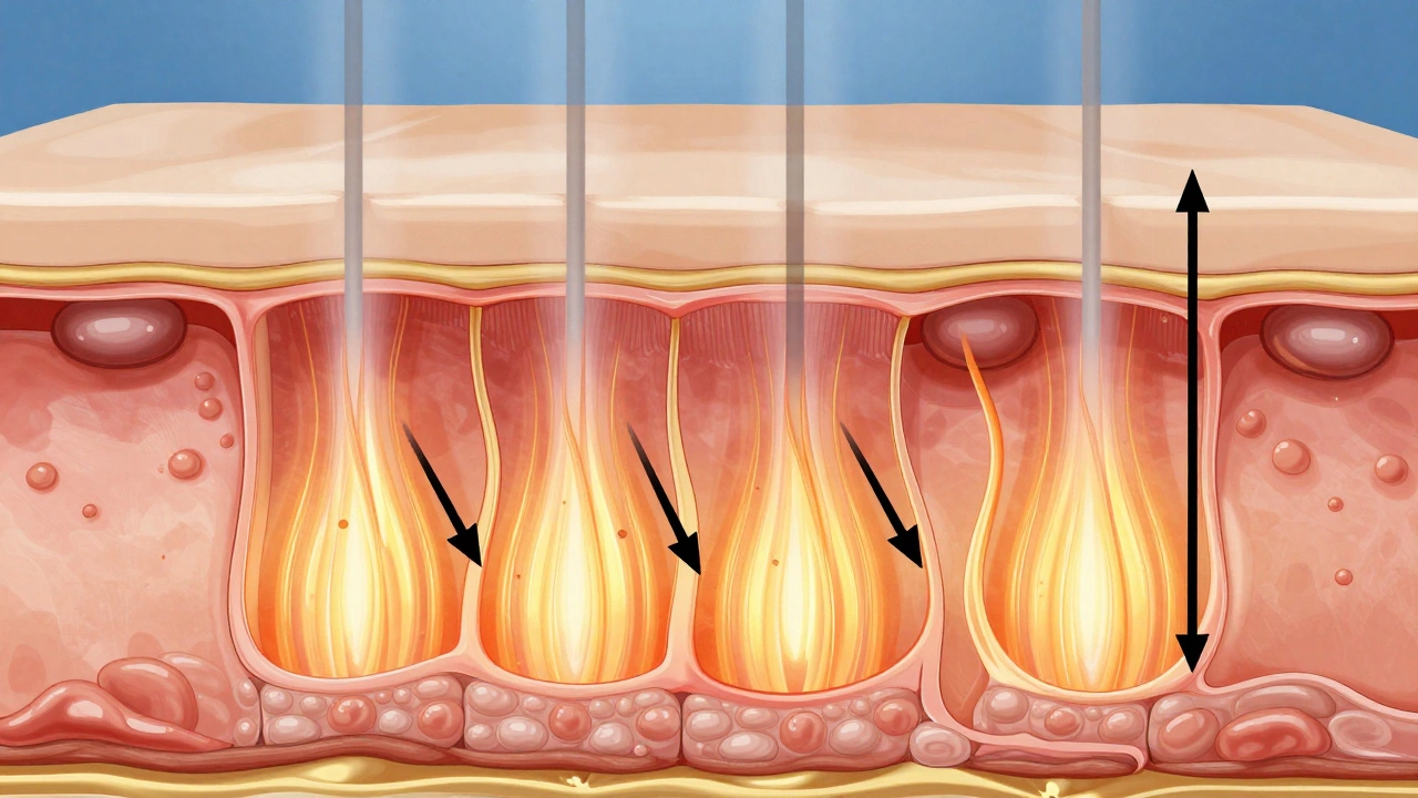 Схема кожи лица с радиочастотными волнами, стимулирующими выработку коллагена в глубоких слоях.