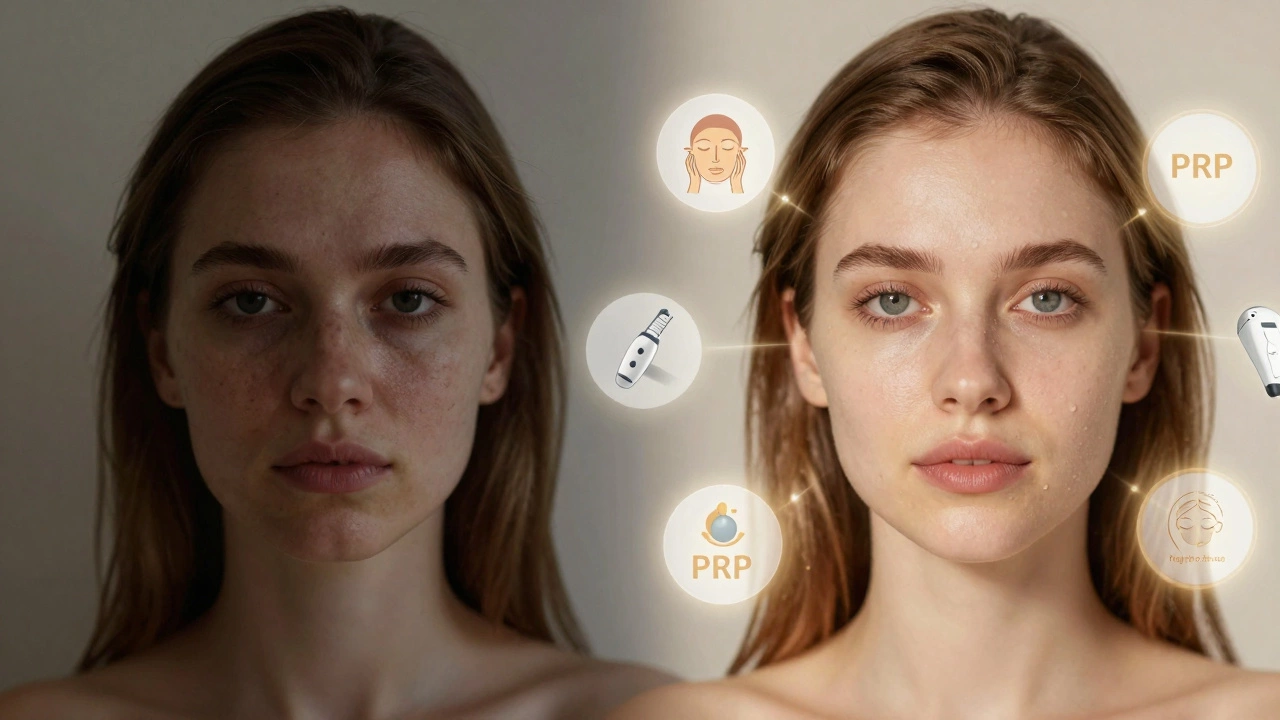 Сравнение до и после эстетической косметологии: тусклая кожа слева и сияющая — справа, вокруг — символы процедур.