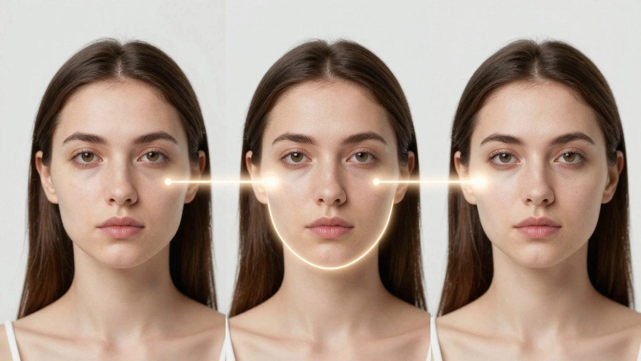 Сравнение трех этапов комбинированной процедуры для лица: до, во время и после омоложения.