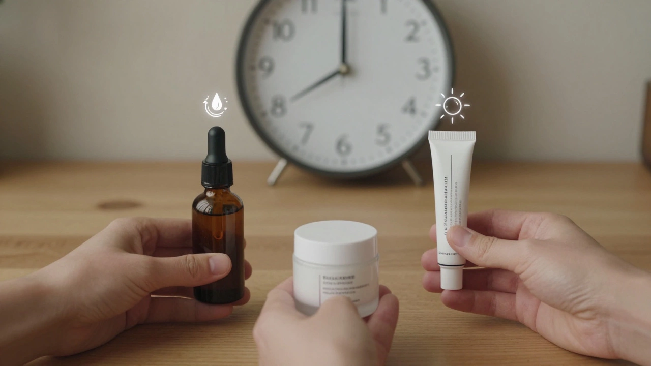 Три косметических средства — витамин С, ниацинамид и ретинол — расположены в круге, символизируя сбалансированный уход за кожей.