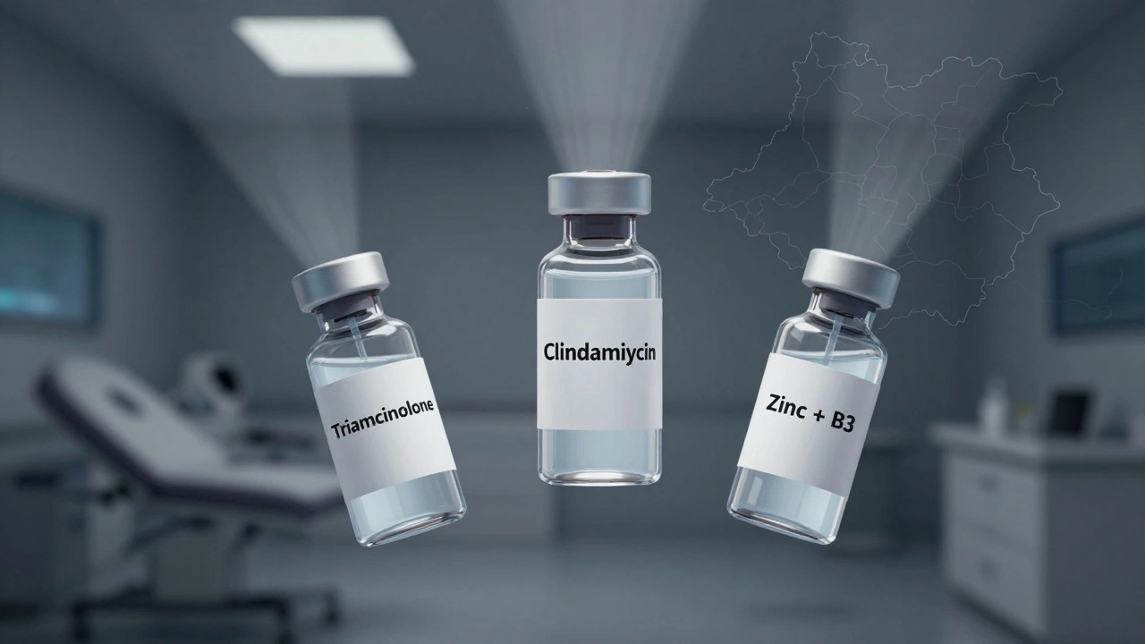 Три виала с лекарствами для лечения акне: кортикостероид, антибиотик и витамины, светящиеся в клинической обстановке.