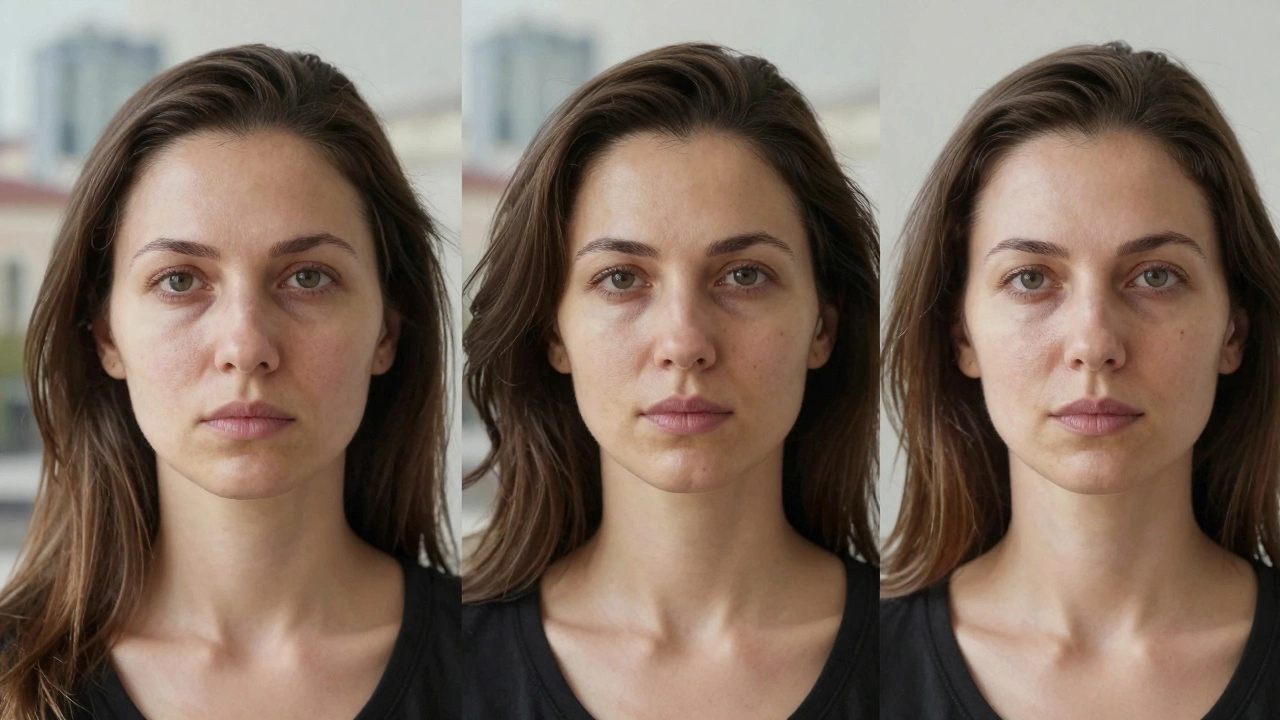 Три женщины разных возрастов с естественно улучшенной кожей, стоят рядом в естественном свете.