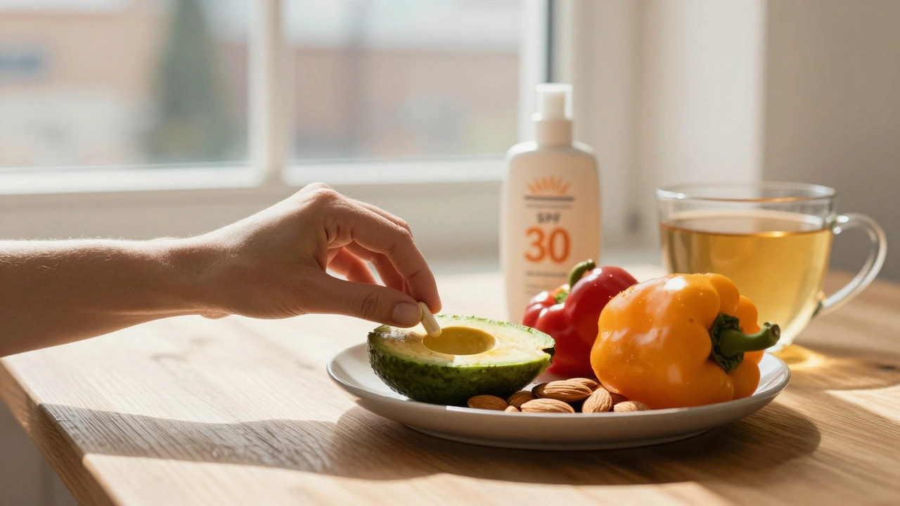 Утренний стол с витаминами, авокадо, миндалем и перцем, солнечный свет, бутылочка солнцезащитного крема и чашка чая на деревянной поверхности.