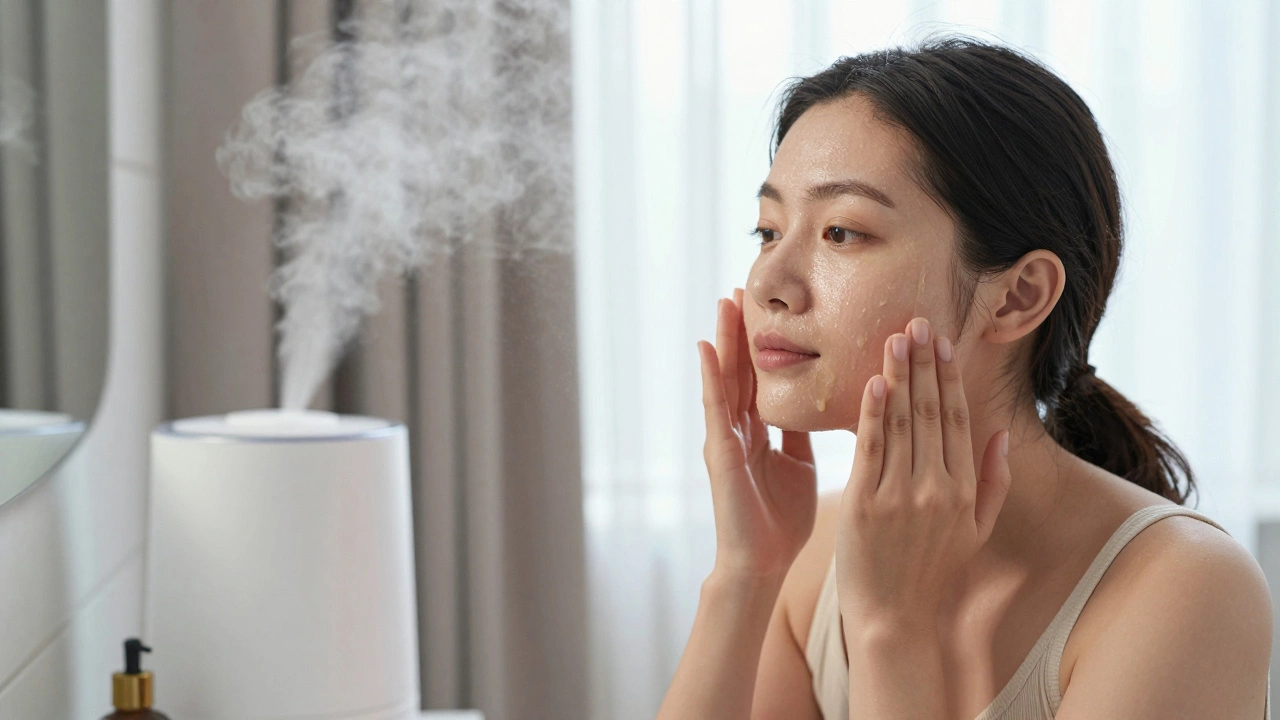 Женщина наносит сыворотку во включенным увлажнителем
