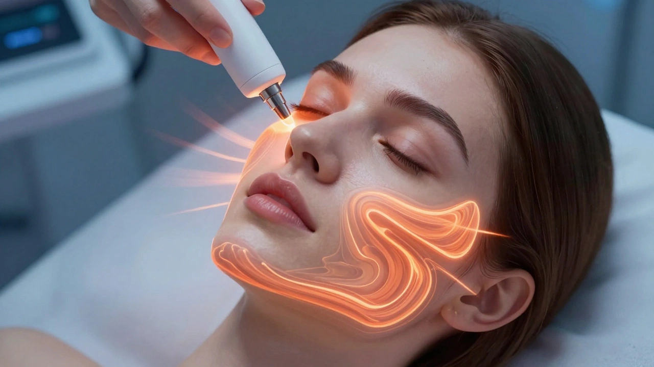 Женщина получает радиочастотный лифтинг, с тепловыми волнами, стимулирующими коллаген под кожей.