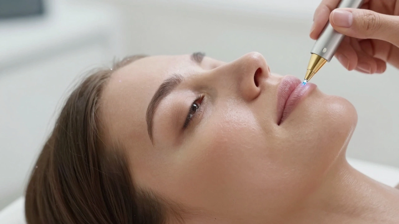 Женщина проходит микротоковую терапию — тонкие золотые электроды воздействуют на кожу лица, видны слабые электрические импульсы.