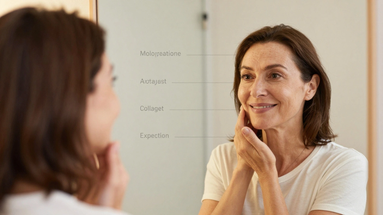 Женщина смотрит в зеркало, демонстрируя естественный эффект от некосметических процедур омоложения.