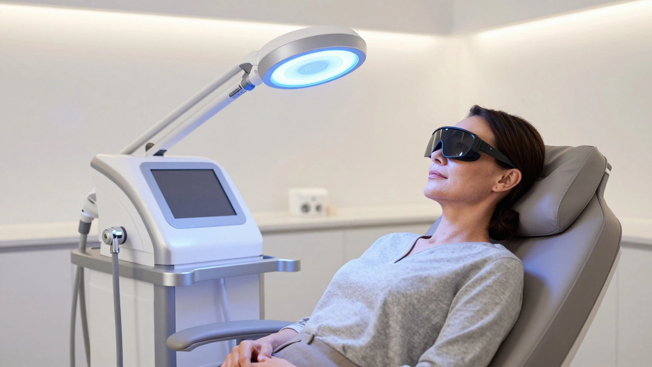 Женщина в клинике косметологии расслабленно сидит перед аппаратом