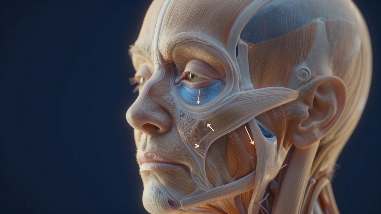 Концептуальная схема мышц лица пожилого человека и эффект гравитационного птоза