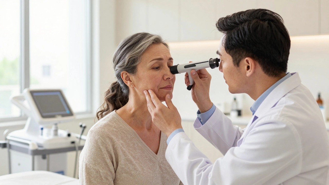 Консультация косметолога с женщиной старше 60 лет в современном кабинете