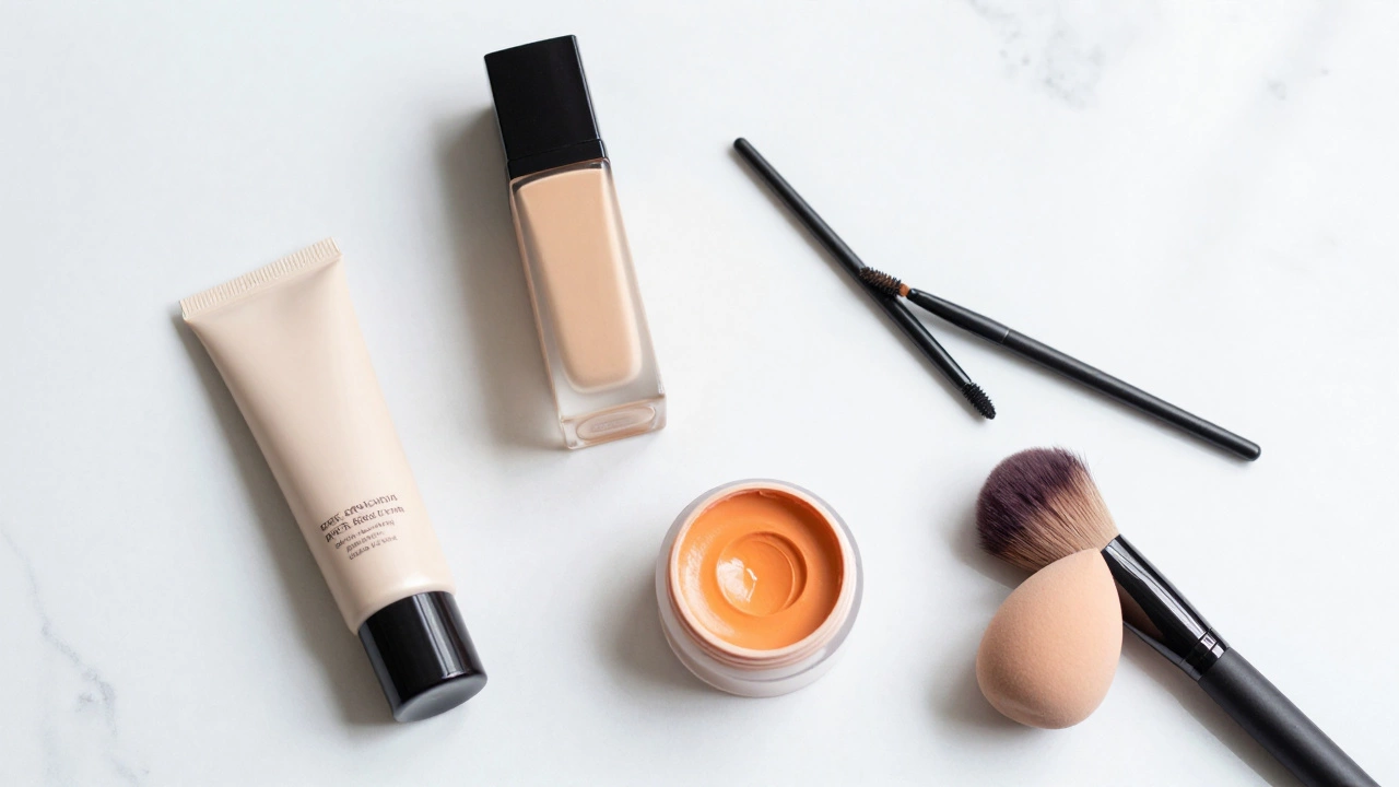 Набор косметики для маскировки пигментации: BB-крем, консилер, оранжевый корректор и спонж на мраморе