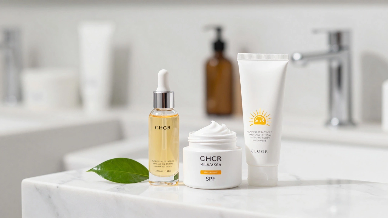 Набор уходовой косметики с SPF и сывороткой на мраморной полке в ванной