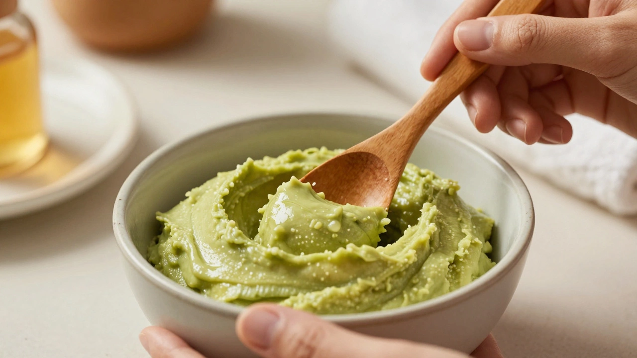 Процесс смешивания питательной маски из авокадо и меда в керамической миске