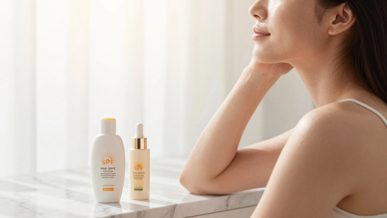 Сияющая кожа женщины и средства для домашнего ухода на мраморном столе