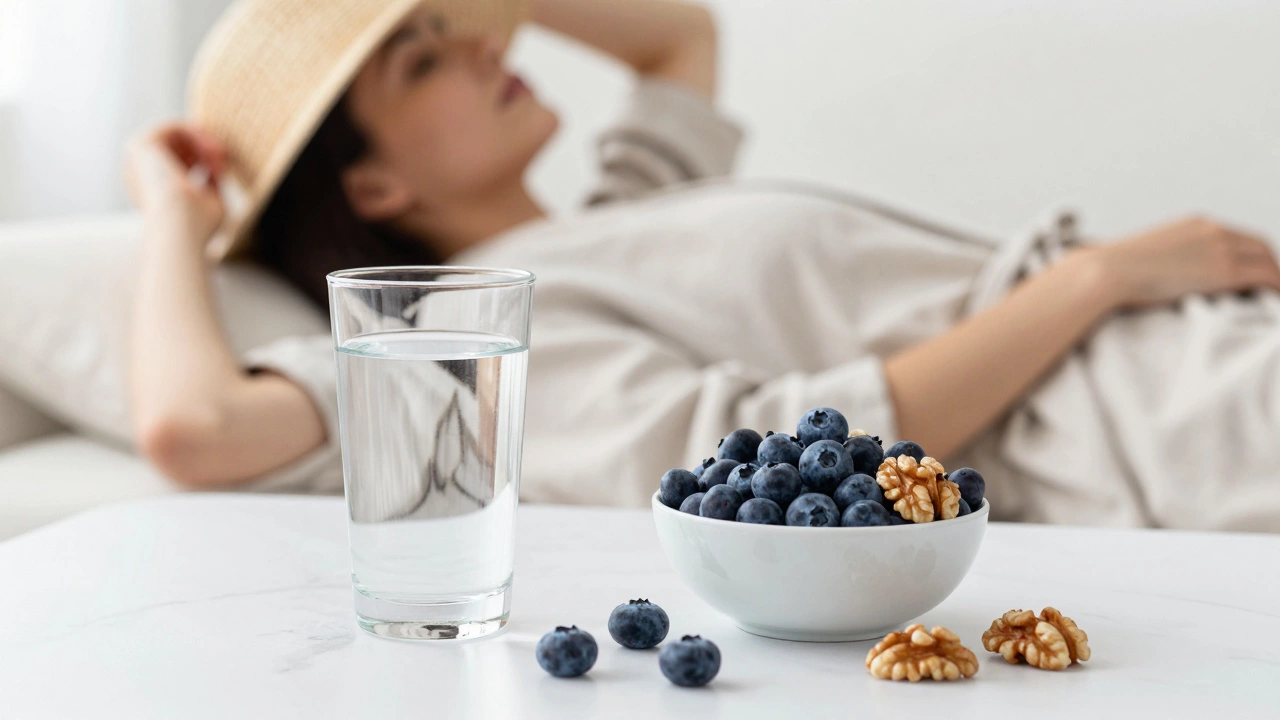 Стакан воды и полезные продукты для восстановления кожи в спокойной обстановке