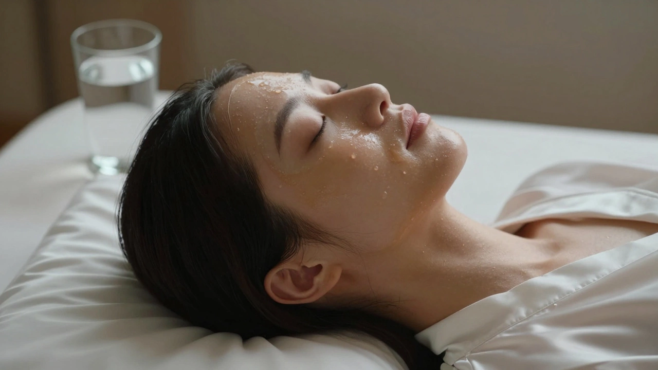 Женщина с омолаживающей маской на лице в атмосфере домашнего спа