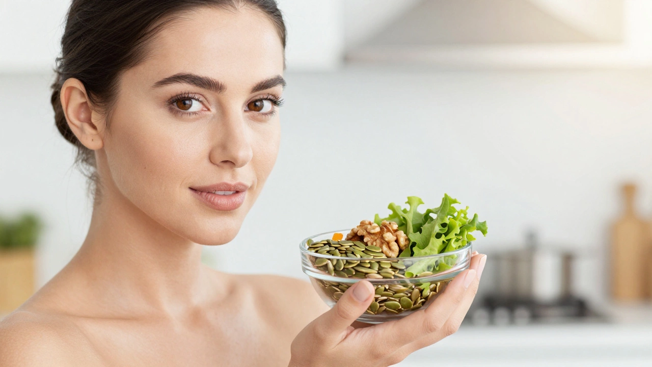 Женщина с чистой кожей держит миску с орехами и семенами